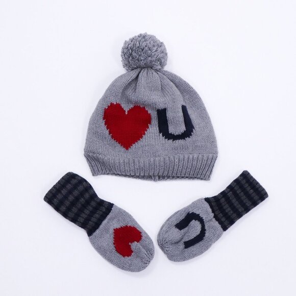 Baby Gap Hat & Gloves Mitten Set 6-12M Gray Red Heart - Picture 1 of 5